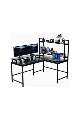 Siyah Raflı L Şekilli Ofis Masası 610 Siyah