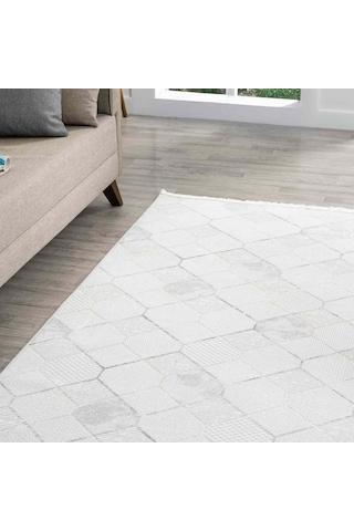 Beyaz Gri Bej Altıgen Geometrik Modern Halı - Ng15501gs