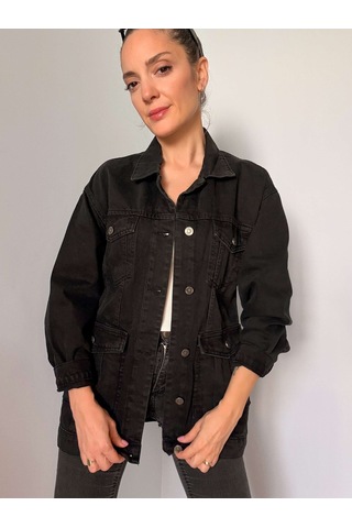 Siyah Kuşak Detaylı Denim Ceket Siyah