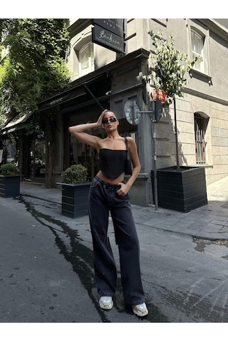 Kadın Arkadan Yırtmaçlı Jeans Kot Palazzo Pantolon - Siyah Siyah