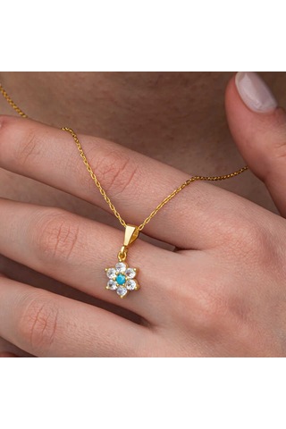 Blackcraft Gümüş Mavi Taşlı Gold Çiçek Kadın Kolye Bc-e74b06 Renkli