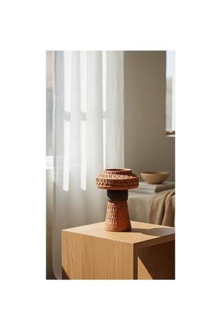 Warm Design El Yapımı Kabartmalı Terracotta Vazo Büyük Boy Boho Dekoratif Vazo Siyah, Kahverengi Çok Renkli