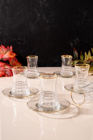 Mest Ilgın 12 Parça 6 Kişilik Yaldızlı Çay Bardağı Seti 132 Cc - Şıklığın Ve Zarafet Kesme Gold