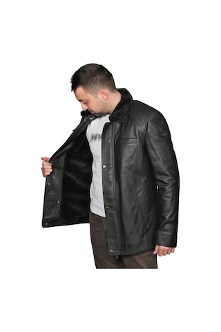 Derije Owen Hakiki Deri Erkek Kürklü Siyah Ceket-Mont-Kaban