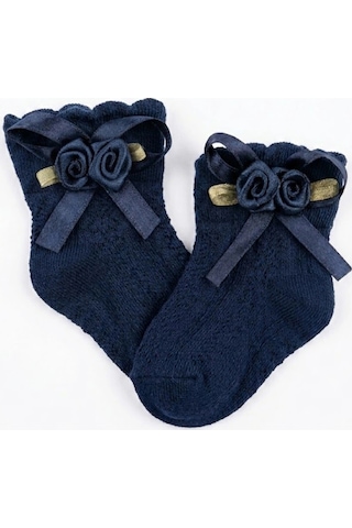 Cocole Socks Kız Çocuk Aksesuarlı Soket Çorabı Tekli Pamuklu Güllü Lacivert Desenli