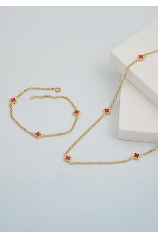 Bilezikci Kırmızı Yoncalı 14 Ayar Altın Kolye Bileklikli Set