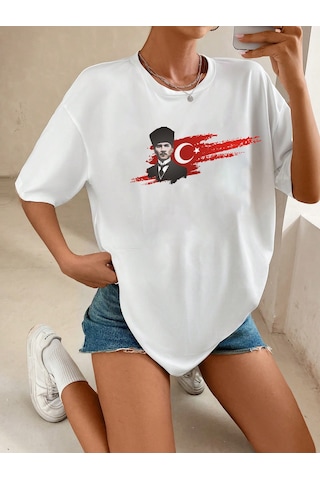 Unisex Atatürk Tasarım Basklı Tshirt Beyaz