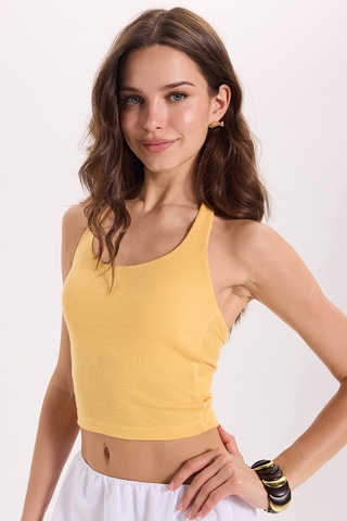 Tudors Kadın Slim Fit Dar Kesim Pamuklu Halter Yaka Kaşkorse Sarı Crop-50708