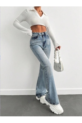 Herton Yüksek Bel İspanyol Paça Jean Pantolon - Eskitme Detaylı Full Pamuklu Flare Denim Royal Mavi