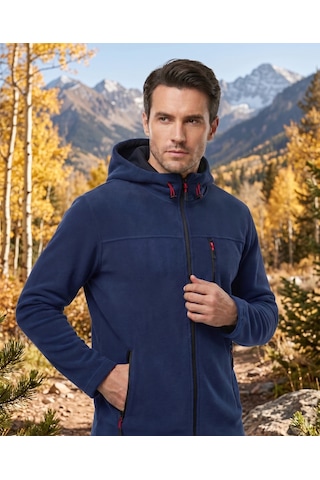 Luxıc Core Erkek Kapüşonlu İndigo Lacivert Polar 3 Cepli Fermuarlı Sıcak Tutan Kışlık Outdoor Hoodie Günlük Stilpro