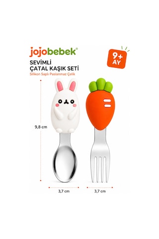 Bpa İçermez, Paslanmaz Çelik Sevimli Tavşan & Havuç Figürlü Silikon Saplı Bebek Çatal Kaşık Seti 9+ Ay