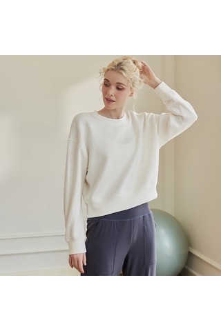Kadın Beyaz Bisiklet Yaka Sweatshirt Beyaz