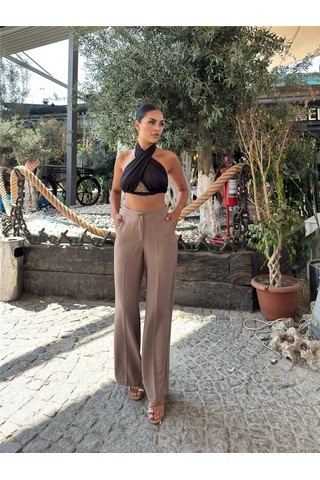 WeShaya Vizon Keten Düz Paça Pantolon Vizon