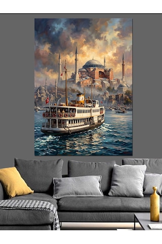 İstanbul Boğazı Vapur Ve Camii Dekoratif Kanvas - Mdf Ahşap Tablo