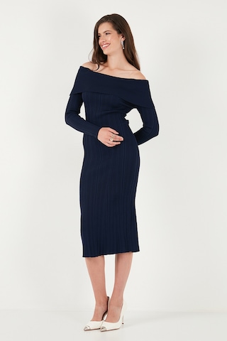 Lela Premium Fitilli Carmen Yaka Slim Fit Midi Boy Triko Bayan Elbise 680El00033 Lacivert