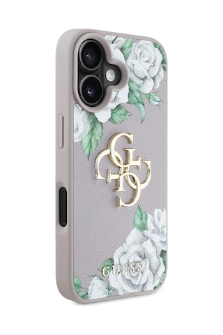 Apple Uyumlu iPhone 16 Kılıf Guess Lisanslı Gül Baskılı Büyük Metal Logo Dizaynlı Kapak Mor