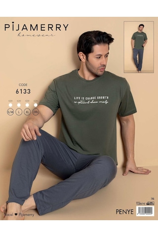 Pijamerry Erkek Bisiklet Yaka Kısa Kol Penye Pijama Takımı 6133 - 1 Adet Haki
