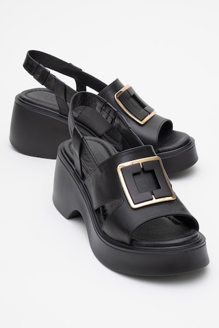 Luvishoes Lucıa Siyah Tokalı Hakiki Deri Kadın Dolgu Topuklu Sandalet Siyah