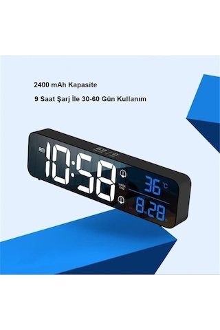 Modern Hd Led Aynalı Dijital Saat, 5 Seviyeli Parlaklık, Çift Alarm, Sıcaklık & Takvim Göstergeli, Şarjlı Masaü Çok Renkli