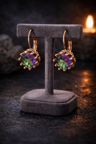 Kadın Bakır Küpe Doğal Mistik Topaz Taşlı Yuvarlak Model Saf Bakır Küpe Diğer
