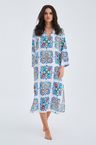 Peraluna RIA CAFTAN Çini Desenli Derin Yırtmaçlı Saten Kadın Kaft Çok Renkli