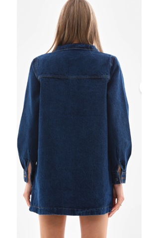 Eseclass Kadın Koyu Mavi Çift Cepli Uzun Denim Ceket - Düğmeli Kot Ceket Tunik