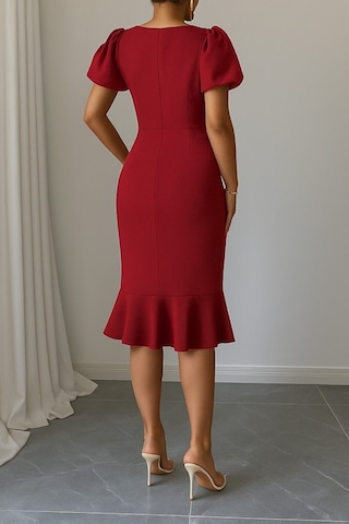 Ahes Shopping Kadın Kısa Kollu Yuvarlak Yaka Pileli Janjan Krep Elbise Kırmızı