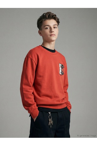 Lc Waikiki Kırmızı Baskılı Erkek Çocuk Kalın Sweatshirt KIrmızı