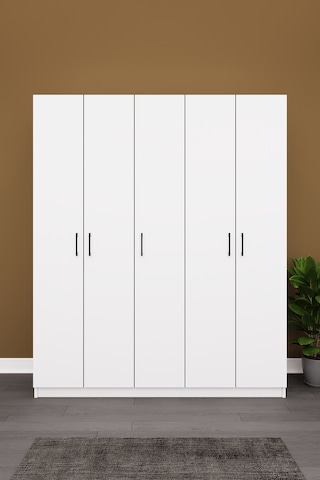 Asra Trend 5 Kapaklı Gardırop G-09 %100 MDF Çift Katlı Askılı Elbise Dolabı Beyaz