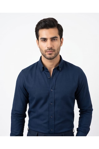 Özeniş Erkek Oxford Gömlek Regular Fit Düğmeli Yaka Kolay Ütülenebilir Pamuklu Lacivert
