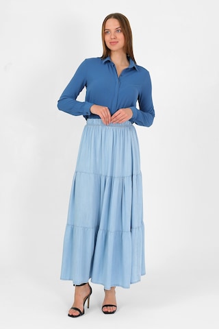 Beli Lastikli Büzgülü Tensel Etek Açık Mavi