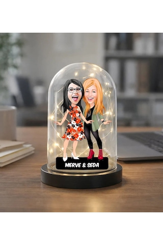 Bk Gift Kişiye Özel Kız Kardeşler Karikatürlü Led Işıklı Cam Fanus Biblo -2, Kız Kardeşe Hediye, Doğum Günü Hediyesi Kobitmeyencom36874 Bk Gift