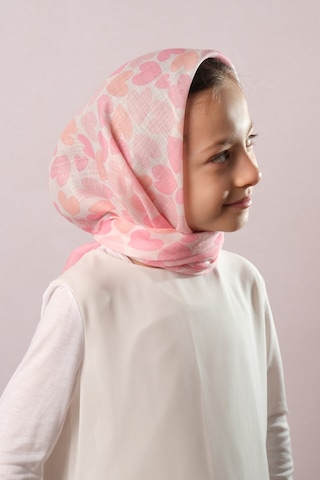 Hürrem Bone Pudra Dijital Baskılı Çocuk Tesettür Eşarp Pamuk Polyester Kalp Desenli 6003 06 Pudra
