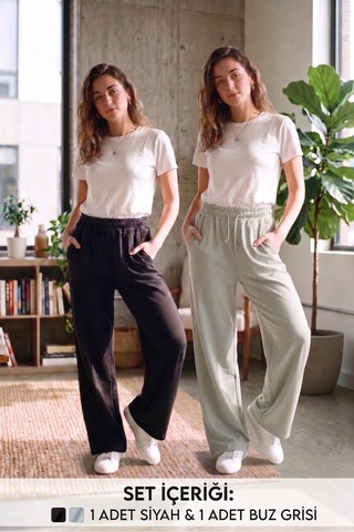 Bigmost Kadın 2'li Set Oversize Oysho Modal Kumaş Beli Lastikli Cepli Günlük Eşofman Altı Siyah - Krem