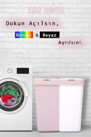 Pembe-beyaz Mote Ikili Dokunmatik Kirli Çamaşır Sepeti 2 Bölmeli Dokunmatik Kapak 80lt,