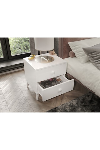 Komidin 2 Çekmeceli Beyaz - Beyaz Kulplu Konik Ayaklı Kurulu