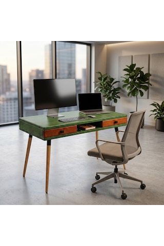 Mobenta Modest Desk: Masif Çalışma & Laptop Masası 2 Çekmece 1 Bölme - 120x60 Ye-bk Yeşik-bakır
