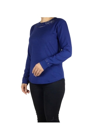 Ece giyim Kadın Yakası Ve Kolları Taşlı Spor Bluz Mavi