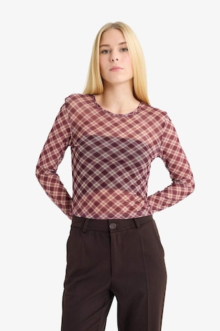 Defacto Coool Fitted Kareli Tül Uzun Kollu Tişört G3024ax25wnpn38 Pembe-pn38
