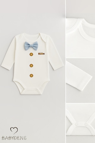 Babyden's Mini Boss Papyonlu Erkek Bebek Zıbın Uzun Kollu Yenidoğan Bebek Body Mavi Mavi