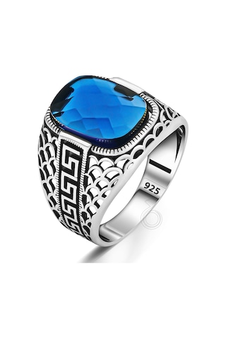 Özel Kesim Mavi Zirkon Taşlı Gümüş Erkek Yüzük Gümüş