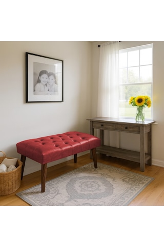 Bench - Deri Kumaş - 45x90 - Ahşap Ayaklı Modern Bank - Kırmızı