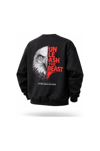 Dark Line Sırt Baskılı %100 Pamuk Unisex Siyah Oversize Sweatshirt Kartal Siyah