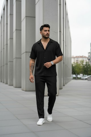 Fifty Color Unisex Trend Bürümcük Krinkıl Kumaş Yazlık Likralı Kısa Kol Gömlek Ve Eşofman Takım Siyah
