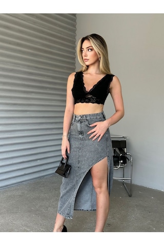 Shevega Kadın Füme Uzun Ön Parçali Asimetrik Kot Etek Füme