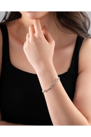 925 Ayar Rodyum Yonca Motifli Suyolu Gümüş Bileklik Gümüş - Rodyum