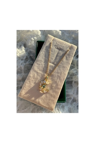 Işıltılı Taşlı Moon Floral Kolye Altın