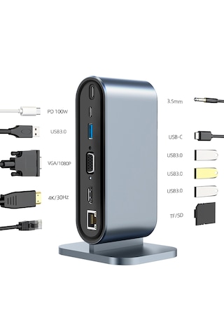 Mt53 Type-c Usb Adaptör Hub 12in1 4k Hdmı Vga 4ad Usb 3.0 Rj45 10