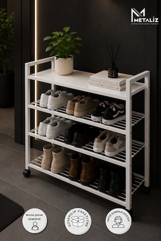 Loft 4 Katlı Siyah Tekerlekli Metal Ayakkabılık, Ahşap Mdf Tablalı, Çok Amaçlı Ayakkabı Düzenleyici, 77x30x70 Cm Beyaz