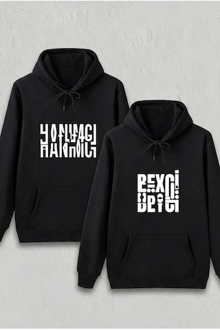 Sevgililer Günü Özel Kapüşonlu Hanımcı Baskılı Oversize Sweatshirt - Siyah